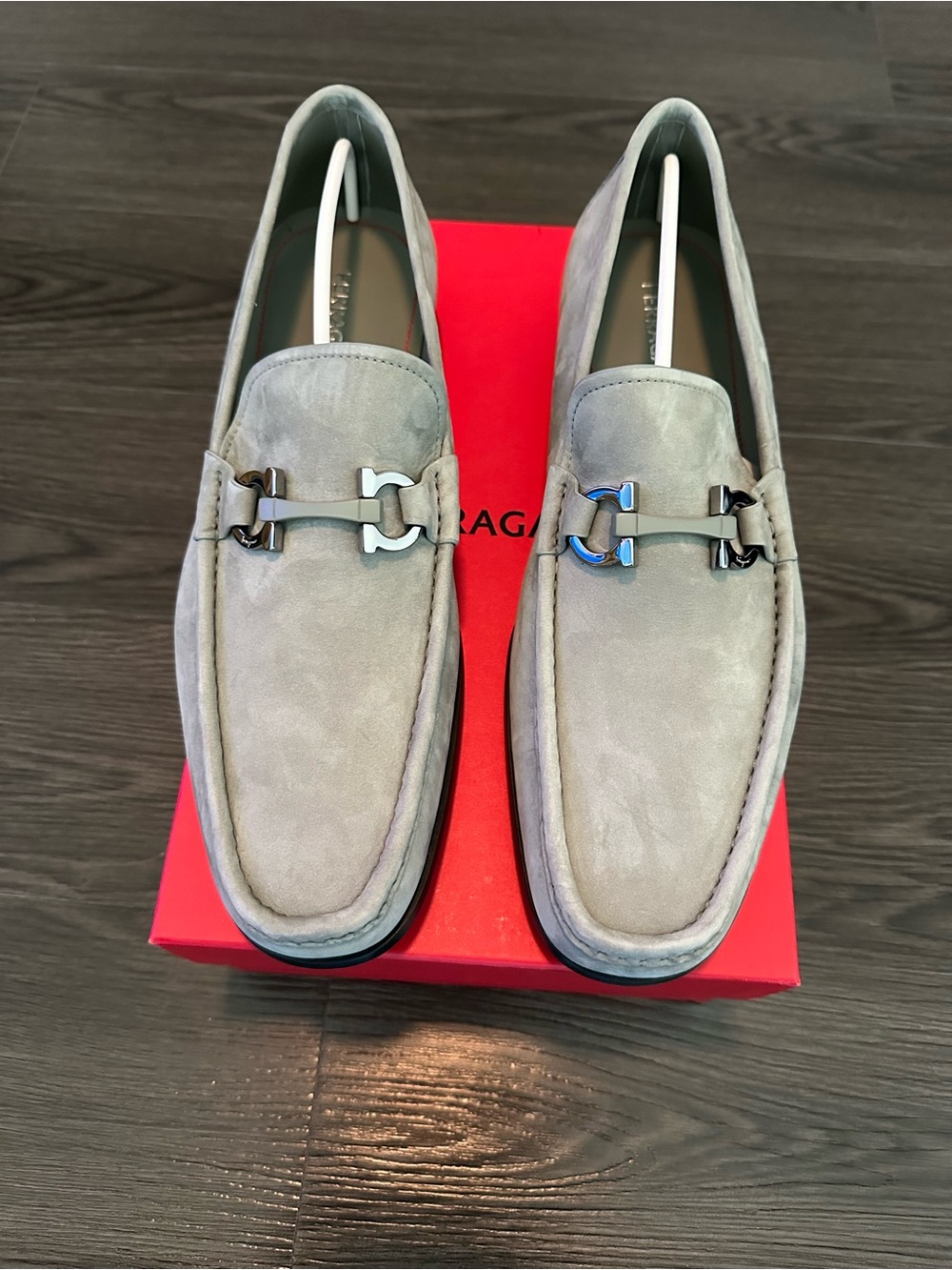 Salvatore Ferragamo Light Gray Suede Bit-Detail Loafers